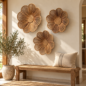 Décoration murale en fleurs tissées à la main en jonc de mer, 3 pièces, art bohème à suspendre pour la maison - Product Image 6