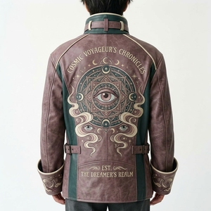 Hand Embroidery Eye Pattern Mandarin Collar Zipper Closure Streetwear Style Autumn Wear Men's <b>Real</b> <b>Leather</b> <b>Jacket</b> - Product Image 2