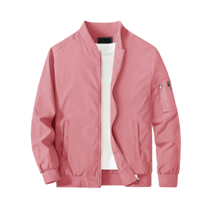 Chaqueta Bomber Rosa para Hombre, Cuello Alto Informal, Cierre de Cremallera Frontal, Corte Regular, Poliéster, Color Sólido, Ropa de Otoño - Product Image 1