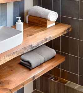 Console de salle de bain murale en bois de style luxueux 2026 avec deux niveaux d'étagères de rangement ouvertes, conçue pour les salles de bain modernes - Product Image 4