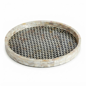 Bandeja Redonda Decorativa de Madera con Incrustaciones de Madreperla Hecha a Mano, Mosaico de Conchas de Lujo B2B para Mesa de Centro y Hogar - Product Image 1