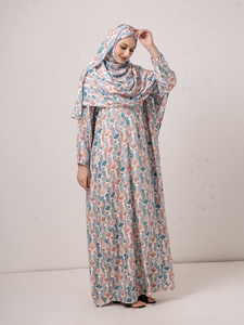 Abaya longue ouverte pour femme en mousseline florale avec ensemble hijab imprimé assorti, style malaisien, service OEM, double couche, attache avant, rose - Product Image 3