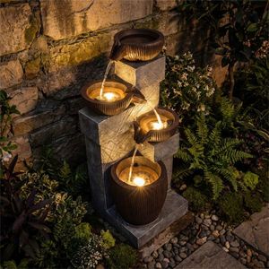 Fontaine d'extérieur à 4 niveaux avec lumières LED, en résine et fibre de verre, à débit réglable, pour jardin et patio, pour embellir votre espace extérieur - Product Image 2