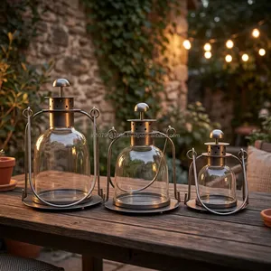 Outdoor Glass Lantern Set with Metal Frame Cylindrical Shape Empty <b>Candle</b> <b>Holder</b> for <b>Garden</b> Decoration - Product Image 3