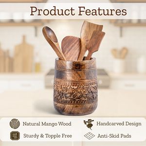 Porte-ustensiles en bois sculpté à la main pour la cuisine, style floral rustique, pot à ustensiles, organisateur de spatules de ferme, vente en gros personnalisée - Product Image 2