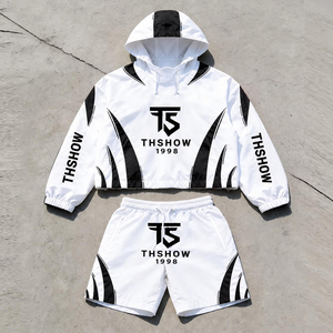 THSHOW Men's Summer Nylon Tracksuit Set Hooded Jacket & Shorts Streetwear Quick Dry Polyester Sportswear White <b>Black</b> Print - Product Image 1