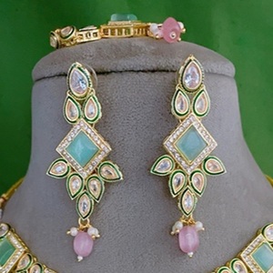 Adorable Premium Quality Gold Plated Moissanite Classic Engagement Party Wedding Necklace <b>Set</b> with Earrings Tikka Women - Product Image 2