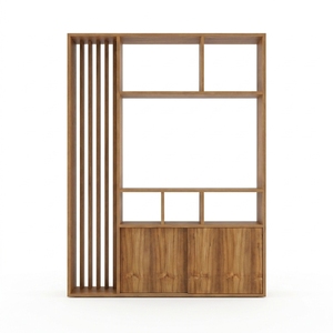 Separador de ambientes de madera estilo Japandi, estantería de exhibición con listones verticales, gabinete de almacenamiento inferior, librero independiente de madera natural - Product Image 1