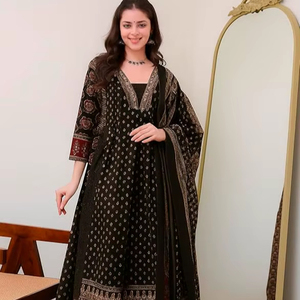 Conjunto de Kurta Anarkali, Pantalón y Dupatta de Rayón Estampado para Mujer, Ropa Étnica - Product Image 2