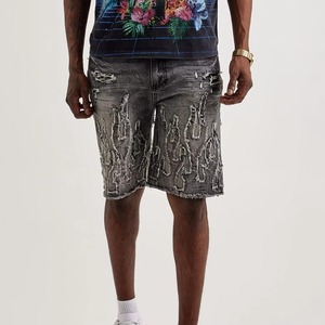 Shorts en jean décontractés gris pour hommes, style streetwear vintage, coupe ample, collection été 2026 - Product Image 1