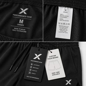 Shorts de sport unisexes X Sports City, noir uni, taille élastique, séchage rapide, avec poches, longueur mi-cuisse, tissu tricoté, fabriqué au Pakistan - Product Image 5