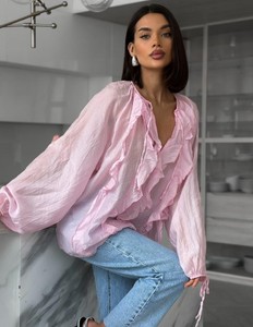 Camisa de Verano para Mujer, Estilo Casual, Corte Regular, para el Día a Día, de Alta Calidad, con Botones al Frente, Sólida, Elegante, con Volantes - Product Image 5