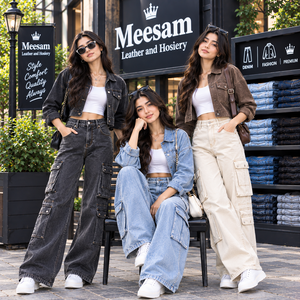 Jean cargo taille haute pour femme, coupe ample en denim délavé, style décontracté, mode printemps - Product Image 1