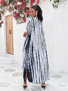 V-Neck Tie Dye Striped Maxi Dress Cap Sleeve Loose Boho <b>Summer</b> Casual <b>Kaftan</b> With Pockets Asymmetrical Hem - Product Image 5