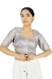 Blusa de Mujer de Seda 100% con Jacquard Floral Morado, Manga Corta, Cuello Cuadrado, Encaje, Estilo Crop Top, Lavable, para Vestir - Product Image 2