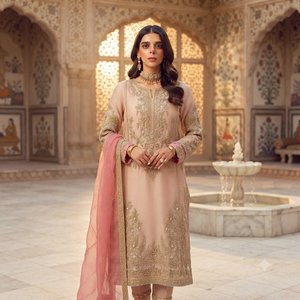Élégante robe de mariée rose en soie Salwar Kameez avec broderie dorée, longueur ras du sol, coupe classique, style Inde Pakistan pour femme - Product Image 5