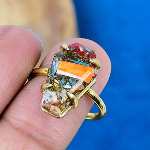 Bague en argent sterling 925 plaqué or 18 carats avec pierre précieuse naturelle en forme de cercueil, turquoise cuivrée et huître bleue épineuse - Product Image 3