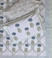 Parure de lit en coton percale imprimée à la main, 200 fils, écologique, motif ethnique floral bleu et vert sauge, taille King/Queen