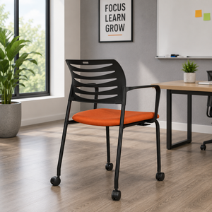 Chaise de bureau moderne avec assise en tissu, cadre noir, coussin orange, empilable avec roulettes, design contemporain - Product Image 1