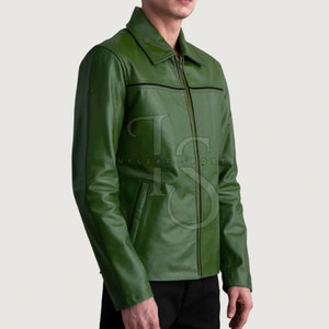 Best Selling Custom Made <b>Men's</b> Cowhide Leather <b>Jacket</b> with Canvas Stand Collar <b>Waterproof</b> & Breathable Casual Design - Product Image 2