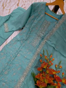 Costume pakistanais en rayonne bleu turquoise brodé avec dupatta, longueur au sol, tenue de mariage traditionnelle pour femmes - Product Image 6
