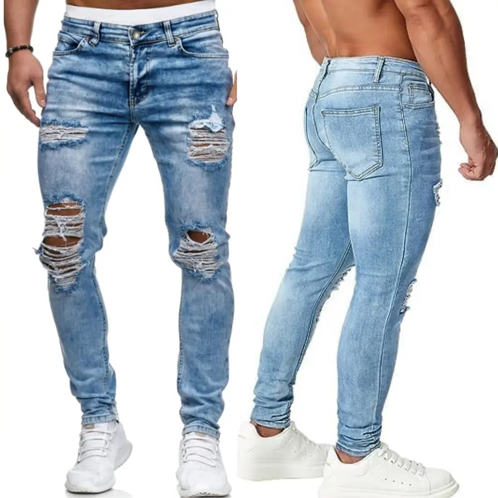 Wholesale 2024 Men's Custom Logo Super Stretchy Distressed Washed Denim Jeans Pant Durable Versatile Low MOQ Made In Bangladesh