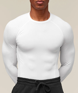 Men Long Sleeve <b>Compression</b> <b>Shirt</b> <b>White</b> Slim Fit Quick Dry Sporty O-Neck Knitted Performance Top - Product Image 1