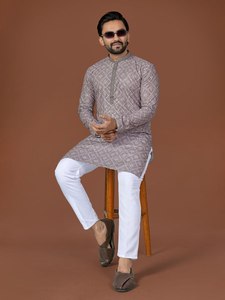<b>Men's</b> Digital Printed Cotton <b>Kurta</b> White Chinos Regular Fit Traditional Ethnic Wear for Casual/Party Occasions India Quick Dry - Product Image 4