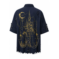 Weißes Kreuz-Print-Hemd mit Kettenverzierung und Ripped-Design für Herren, Gothic-Stil, Anpassbare Farbe, Regular Fit, Kurzarm, Polyester/Baumwolle