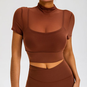 Custom Wholesale Plus Size Womens Athletic Compression Breathable Quick Dry Crop <b>Top</b> <b>Elastic</b> Fitted <b>Hem</b> Half Sleeve Crew Neck - Product Image 5