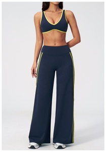 Custom 2026 Navy Blue 2 Piece Yoga Set Spaghetti Strap <b>Crop</b> <b>Top</b> High Waist Flared Pants Contrast Binding Breathable Solid Colors - Product Image 3