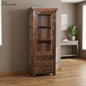 Armoire de présentation rustique en bois avec portes vitrées, tiroirs et détails sculptés à la main pour salon - Product Image 2