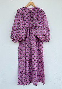 Women Purple Floral Cotton Maxi <b>Dress</b> Vintage Style Tie Neck Boho <b>Dress</b> Casual Summer Wear <b>Loose</b> Fit Modest <b>Dress</b> - Product Image 3