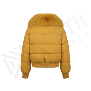 Yellow Quilted Jacket With Fox Fur Collar Full Sleeve Winter Windproof Thick Polyester Filling Short Length Zipper Closure - Product Image 2