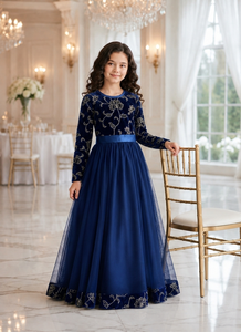 Blue Velvet Embroidered Tulle <b>Princess</b> <b>Dress</b> Long Sleeve A-Line Maxi Gown for <b>Girls</b> Party Wedding - Product Image 1