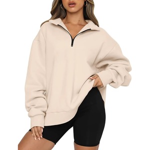 Women's Quarter Zip Oversized Half Zip Pullover with Custom design Sweatshirt <b>Stand</b> Collar Winter 100% Cotton Half Zip Pullover - Product Image 3