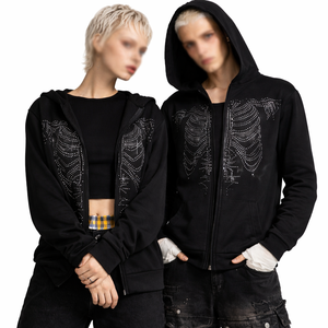 เสื้อฮู้ดซิปเต็มตัวผ้าฝ้ายฟลีซลายโครงกระดูกประดับคริสตัลสีดำ สไตล์สตรีทแวร์สำหรับคู่รัก คอลเลคชั่นแฟชั่นแบรนด์ดัง - Product Image 1