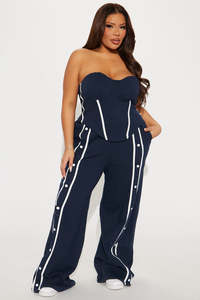 Conjunto de pantalones unisex de marca privada con ribetes en contraste azul marino, de pierna ancha, a la moda, coordinados, del fabricante de pantalones para hombre. - Product Image 4