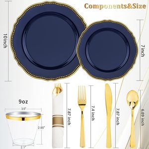 Blue Gold Plastic Plates <b>Dinnerware</b> Set 350pcs Disposable Party Supplies Kits Includes 50 Dinner 50 Dessert 50 Cups - Product Image 1