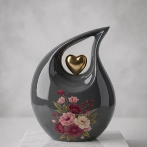 Custom Teardrop Cremation Urn Decorative <b>Ashes</b> Memorial Vessel Blue Floral Heart <b>Keepsake</b> Shrine - Product Image 2