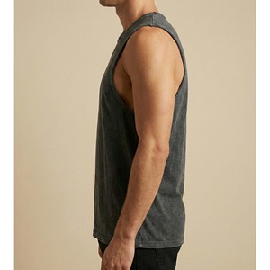Men's Raw Edge Sleeveless T-Shirt Vintage Wash Gym Tank Top & Streetwear Vintage Wash Drop Armhole Muscle Tee - Product Image 4