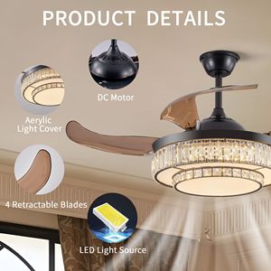 Ventilatore da Soffitto LED Contemporaneo da 48 Pollici con Telecomando, 6 Velocità, Motore DC Silenzioso Reversibile, 4 Pale Retrattili e Luce - Product Image 3