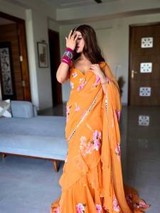 InCotton.M <b>Orange</b> Faux Georgette Lehenga <b>Saree</b> Set with Choli and Lace Work Dupatta for Wedding Party Occasions - Product Image 3