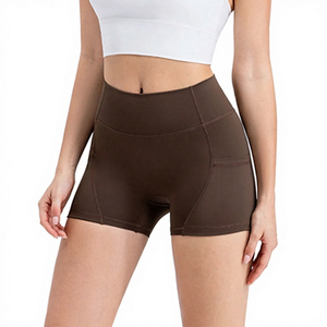 Shorts de vélo marron taille mi-haute pour femme, personnalisables, avec poches, respirants, en polyester/nylon tricoté, coupe sportive, élastique uni - Product Image 4