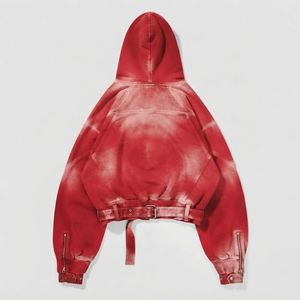 Oversized Cropped <b>Hoodie</b> <b>Red</b> Dip Dye Fleece Unisex Autumn Sweatshirt With Belt And Pocket - Product Image 6