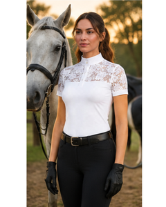 Custom OEM Women Lace Patchwork <b>Equestrian</b> Show Shirt White Short Sleeve Stand Collar Horse Riding Polo Competition Tops - Product Image 4
