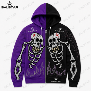 Custom Black Purple Skeleton <b>Hoodie</b> Men's <b>Gothic</b> Rhinestone Embroidered Zip Up Hooded Sweatshirt Streetwear Fashion - Product Image 3