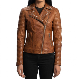 Custom Women's Vintage Ribbed Sleeves Slim Fit Design Distressed Brown Handmade Studded <b>Sheep</b> <b>Skin</b> Lightweight <b>Jackets</b> Wholesale - Product Image 1