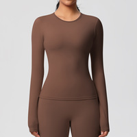 T-shirt de sport pour femme à manches longues, très élastique, couleur unie, design brossé, pour entraînement, course, fitness, yoga, grande taille, avec bouton
