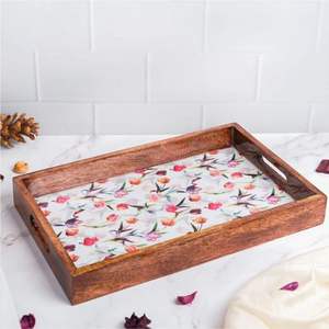 Bandeja de Servir de Madera con Estampado Étnico Esmaltado, Plato de Madera con Patrón Floral Bohemio - Bandejas Decorativas para Sala de Estar o Tocador - Product Image 2